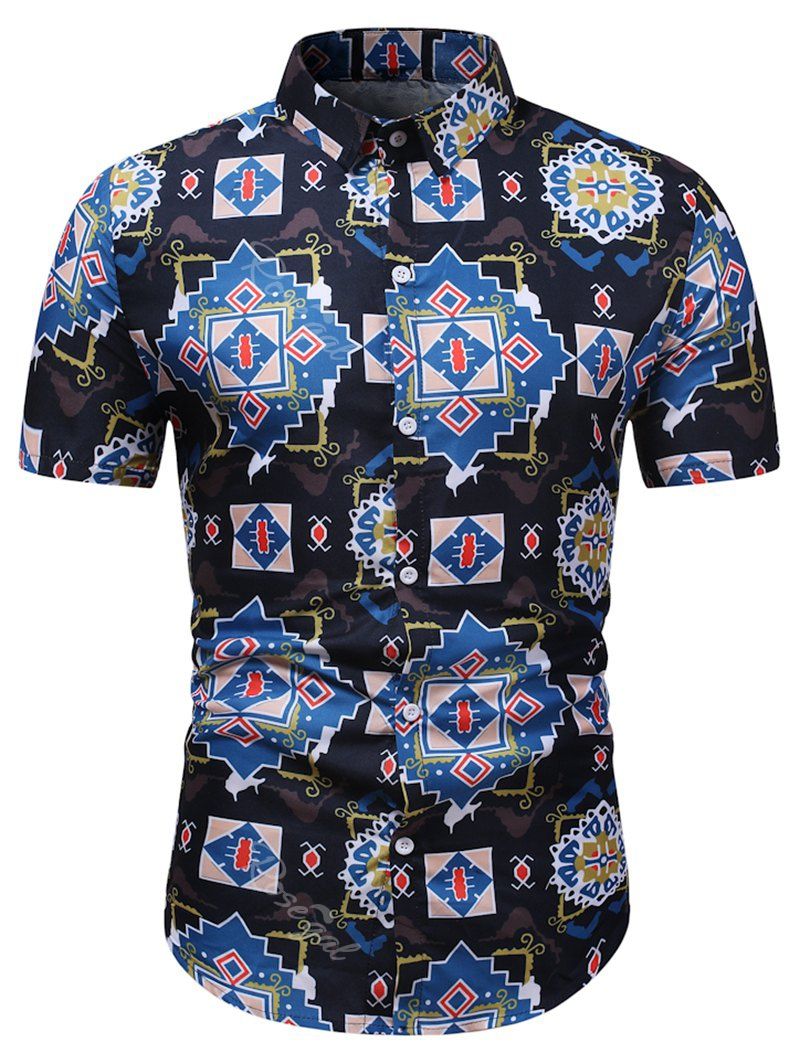 

Geometric Graphic Pattern Button Down Shirt, Black