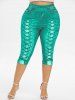 Legging Capri 3D Jean Imprimé de Grande Taille à Lacets - Bleu Vert Ara  5X