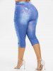 Plus Size 3D Lace Up Jean Print Capri Leggings -  