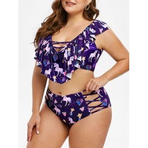 

Ruffles Lattice Unicorn Plus Size Tankini Swimwear, Purple iris