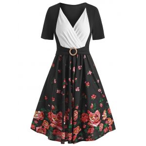 

Floral Print Contrast A Line Dress, Black