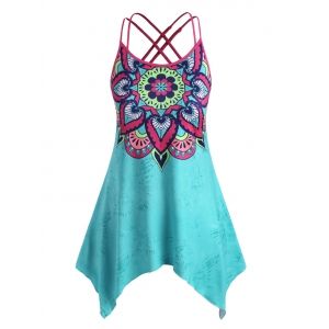 

Plus Size Handkerchief Bohemian Print Crisscross Tank Top, Turquoise