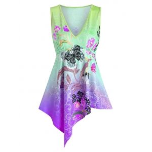 

Butterfly and Flower Print Plunge Neck Asymmetric Tank Top, Multi b