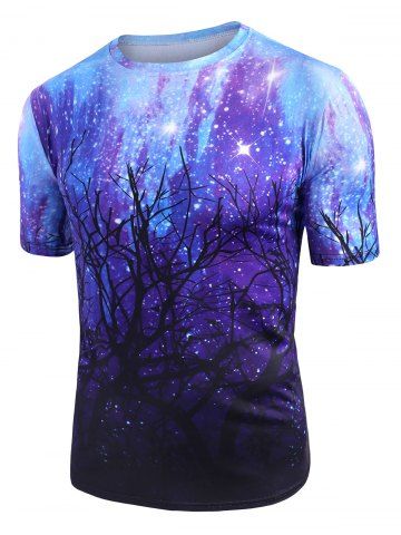 

Starry Forest Print Short Sleeve Casual T Shirt, Deep blue