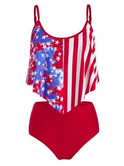 Plus Size Patriotic American Flag High Waisted Flounce Tankini Swimsuit - RED - 5X