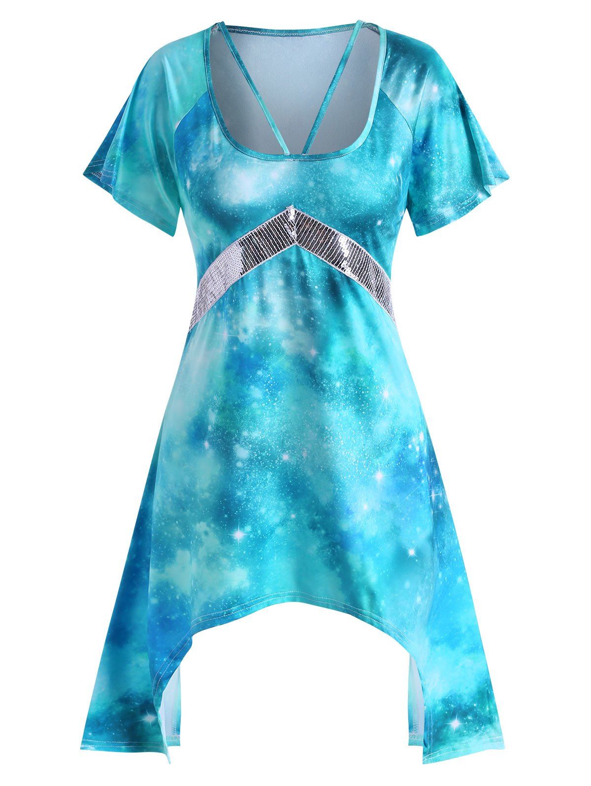 

Starry Print Chevron Sequins Asymmetrical T Shirt, Light blue