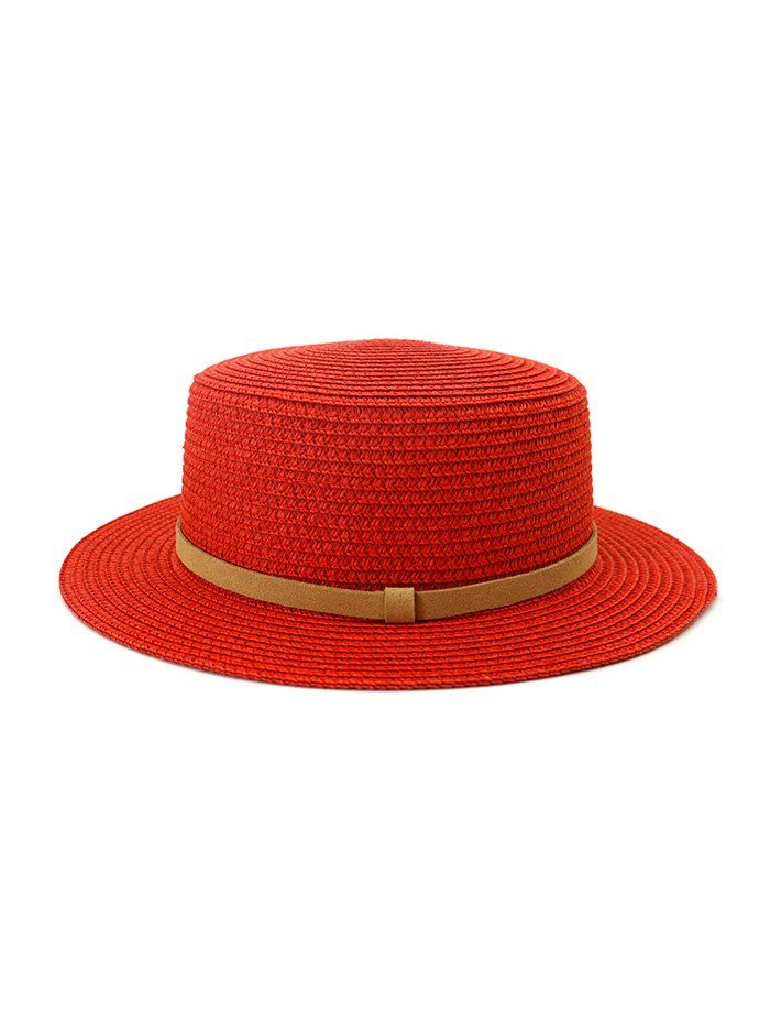

Straw Flat Top Hat With Leather, Red