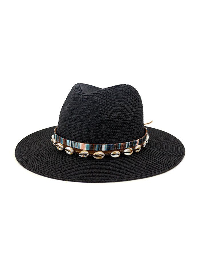 

Shell Embellished Straw Jazz Hat, Black
