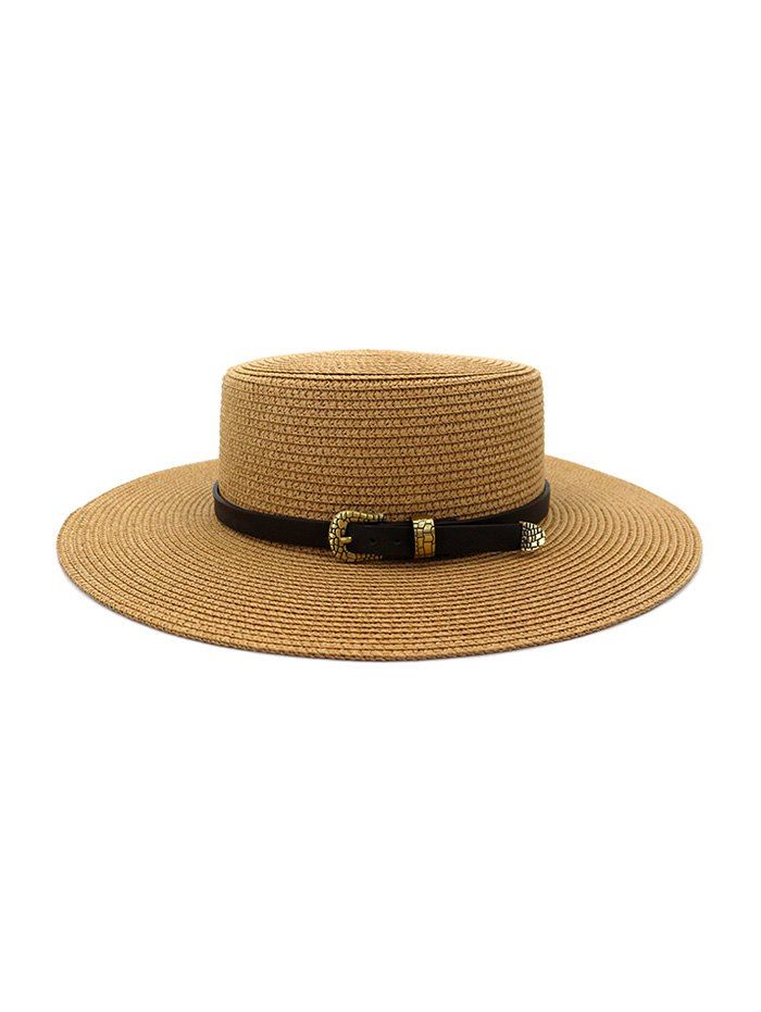 

Buckle Belt Wide Brim Flat Top Straw Hat, Khaki