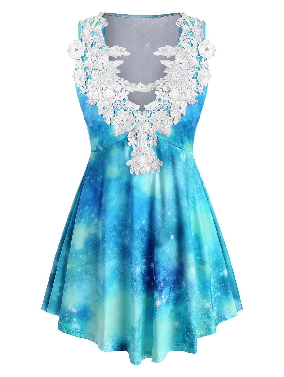 

Lace Panel Keyhole Starry Print Tank Top, Light blue