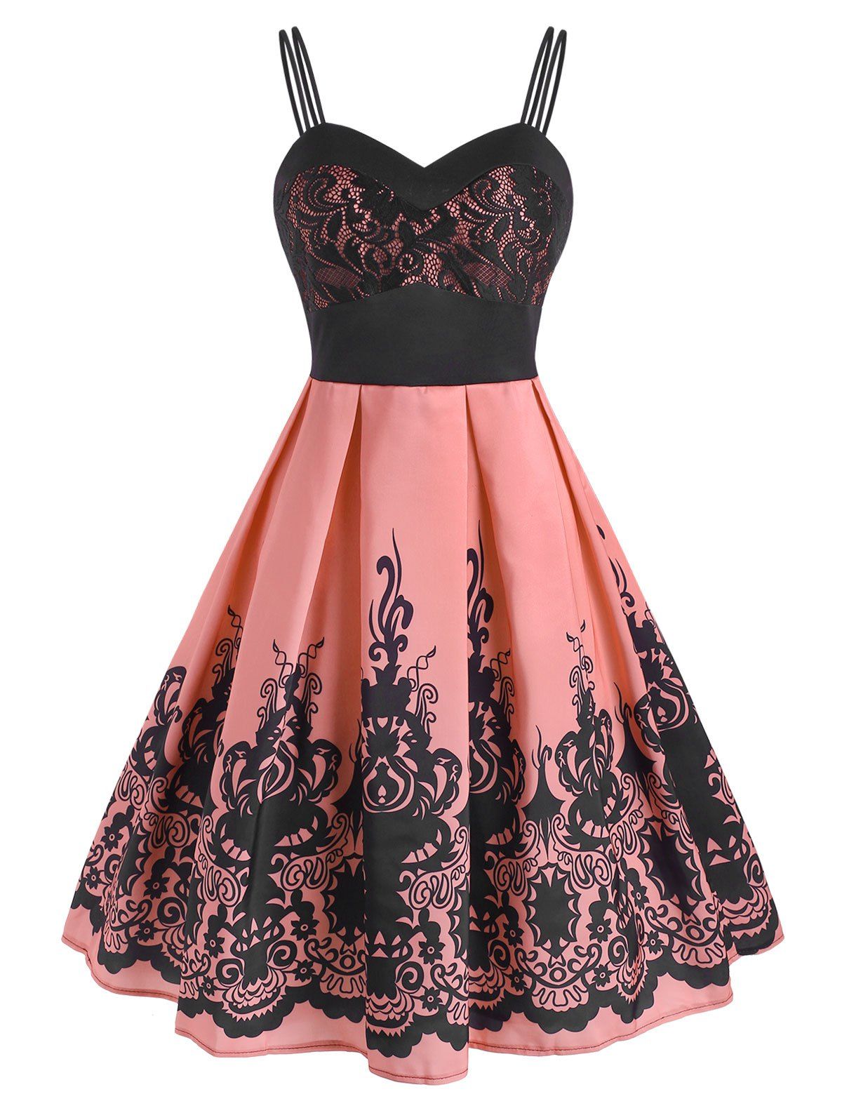

Lace Panel Print Dual Strap A Line Cami Dress, Light pink