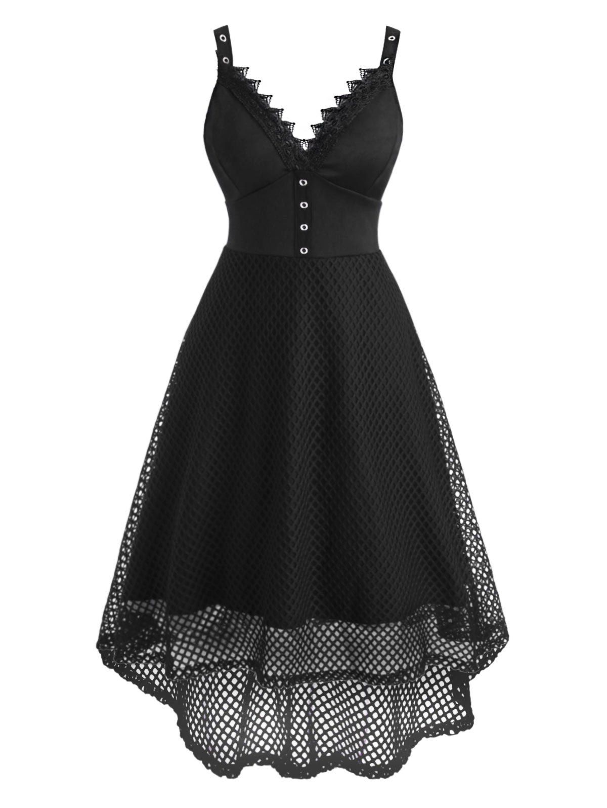 

Empire Waist Fishnet Lace Insert Dip Hem Grommet Dress, Black