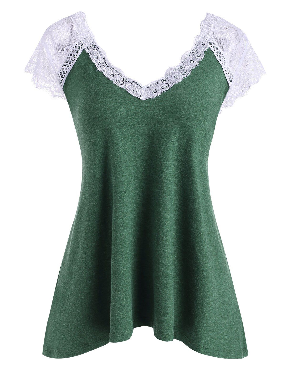 

Lace Panel Colorblock Cap Sleeve T-shirt, Deep green
