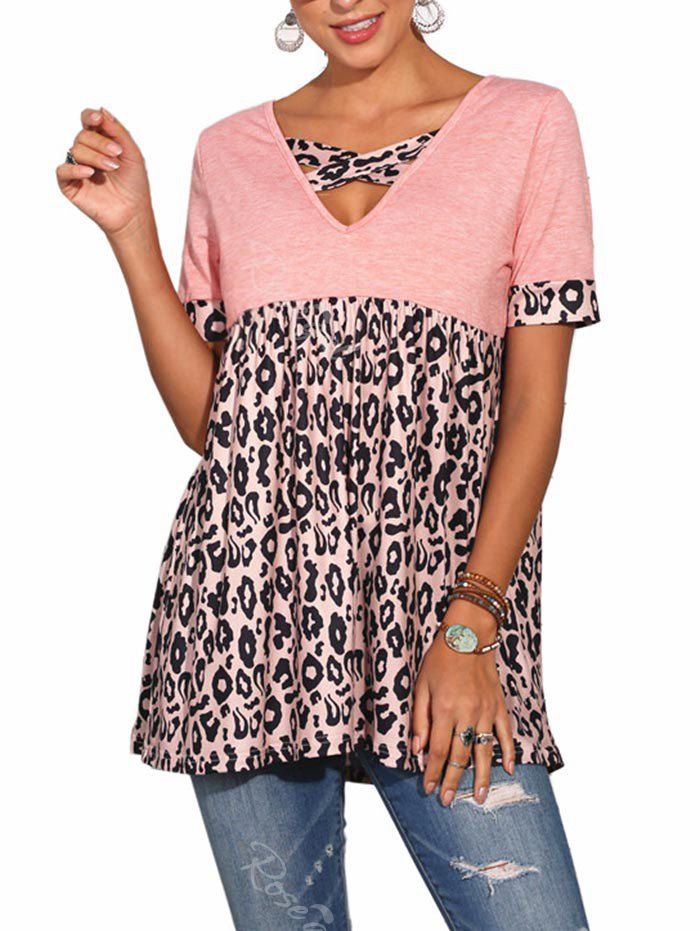 

Leopard Panel Crisscross Tunic Top, Light pink