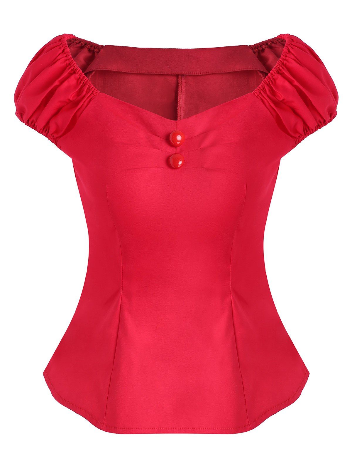 

Ruched Button Embellished Cap Sleeve Blouse, Red