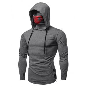 

Skull Mask Drawstring Zip Hem Hooded T Shirt, Gray