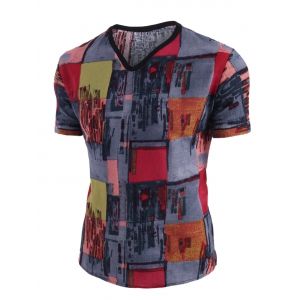 

Ethnic Pattern Block V Neck Short Sleeve T Shirt, White
