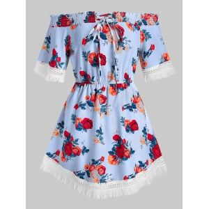 

Plus Size Off The Shoulder Lace Up Floral Print Blouse, Sea blue