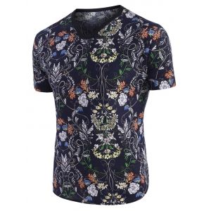 

Floral Print Ethnic V Neck Short Sleeve T Shirt, Multi