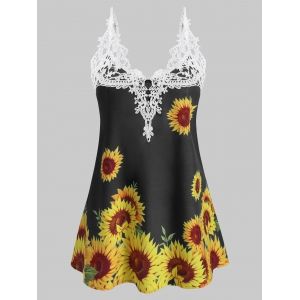 

Crochet Lace Panel Sunflower Longline Cami Top, Black