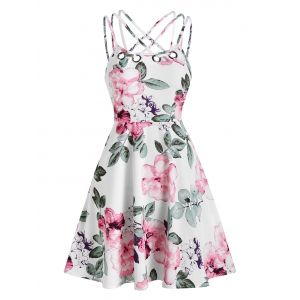 

Criss-cross Holes Flower Printed Dress, White