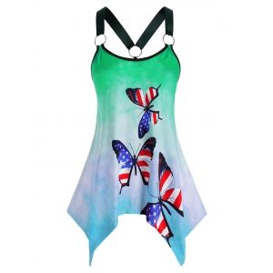 

Plus Size American Flag Butterfly Tie Dye Handkerchief Ring Tank Top, Green