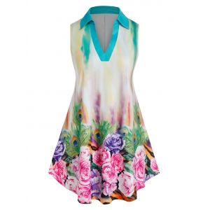 

Plus Size Tie Dye Flower V Notch Curved Tank Top, Light aquamarine
