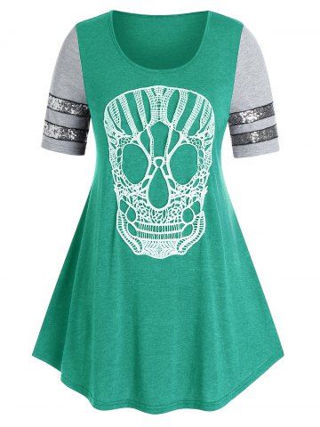 Plus Size Lace Skull Sequin Swing T Shirt - MEDIUM SEA GREEN - 2X