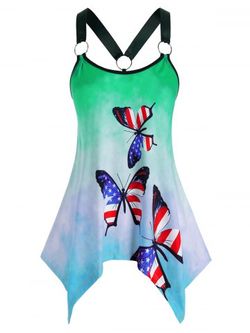 Plus Size American Flag Butterfly Tie Dye Handkerchief Ring Tank Top - GREEN - 1X