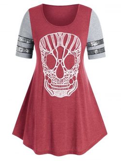Plus Size Lace Skull Sequin Swing T Shirt - RED - 2X