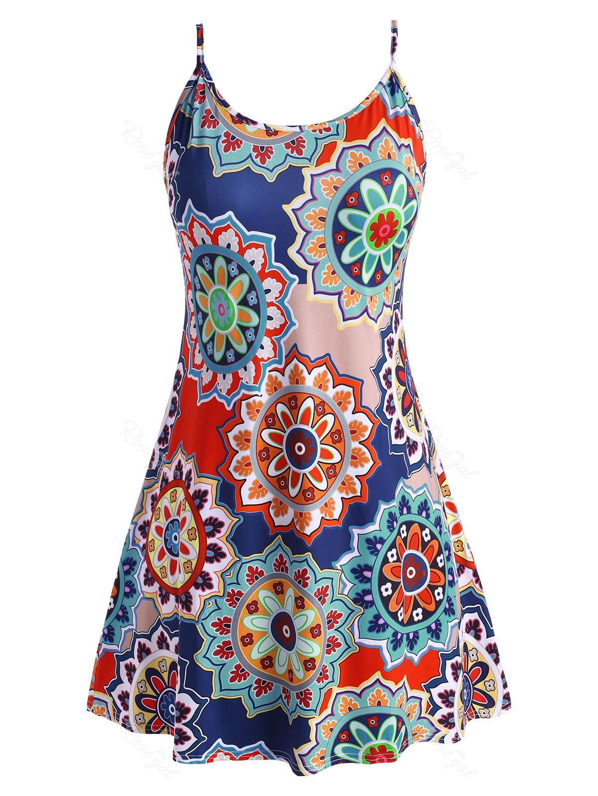 

Plus Size Bohemian Print Knee Length Dress, Deep blue