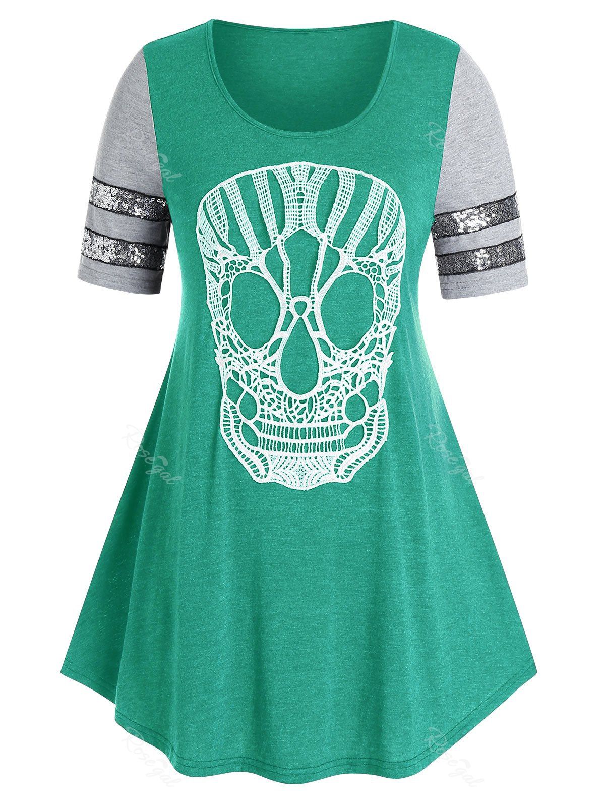 New Plus Size Lace Skull Sequin Swing T Shirt  