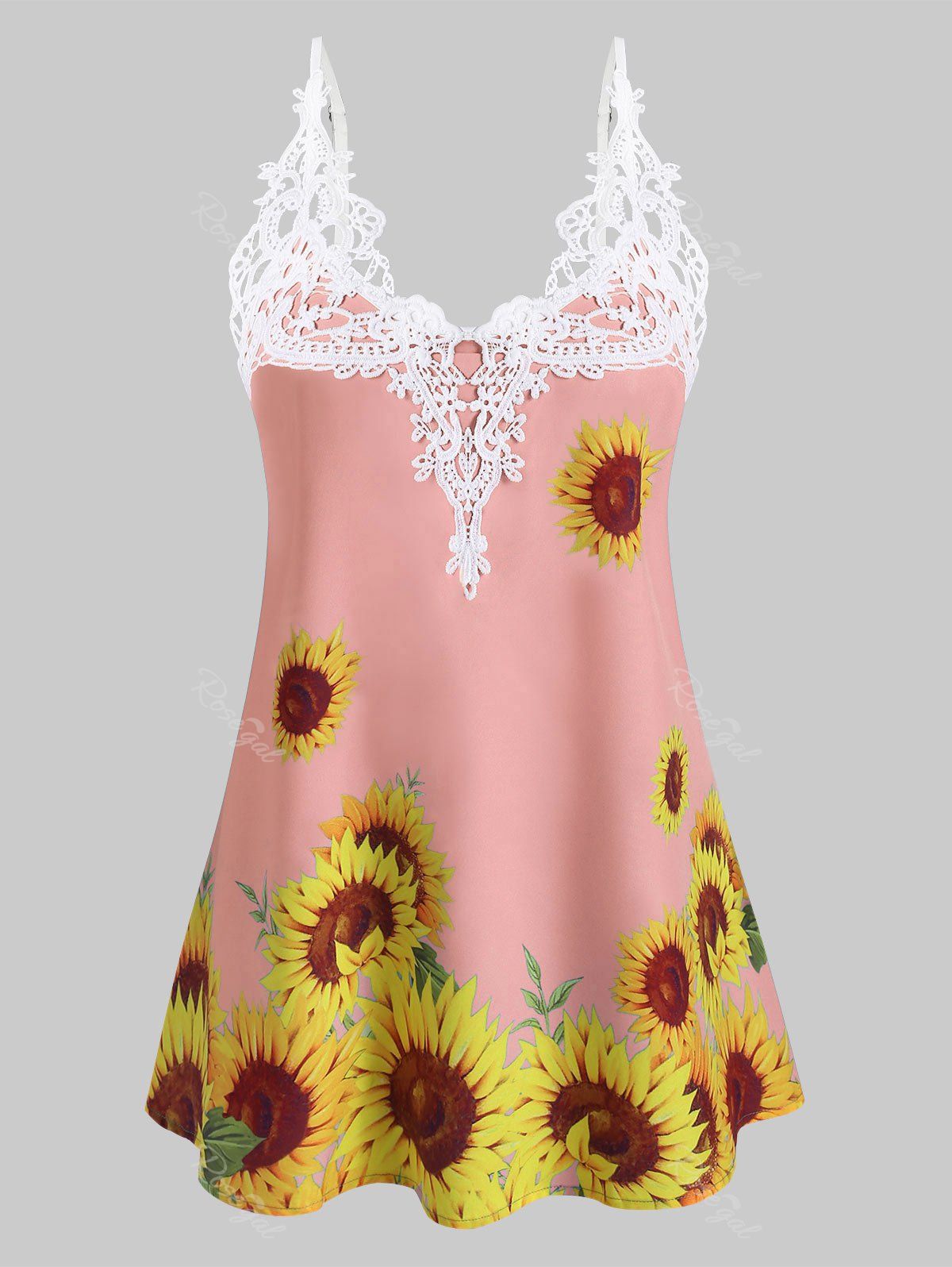 

Crochet Lace Panel Sunflower Longline Cami Top, Light pink