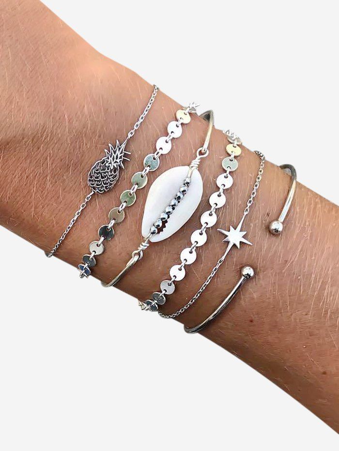 

6Pcs Pineapple Natural Cowrie Shell Bracelet Set, Silver