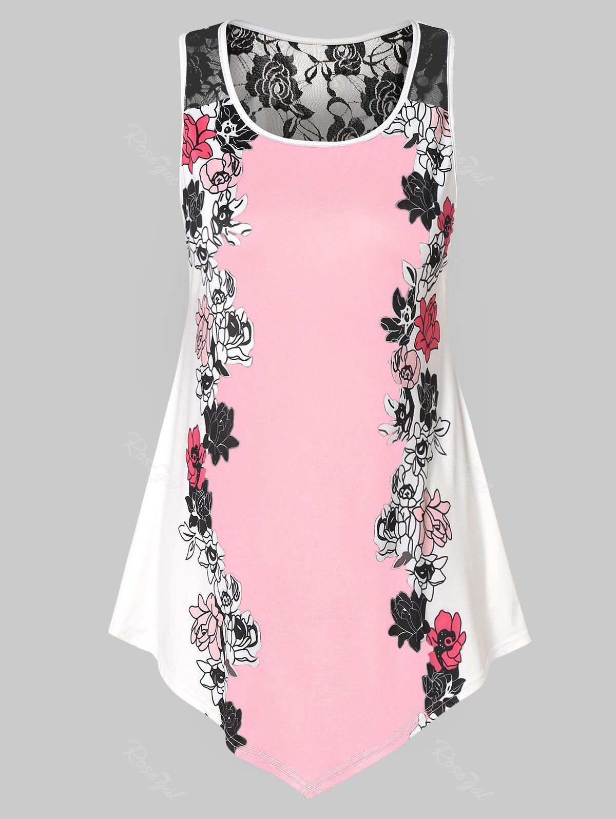 

Plus Size Floral Tank Top with Lace, Light pink
