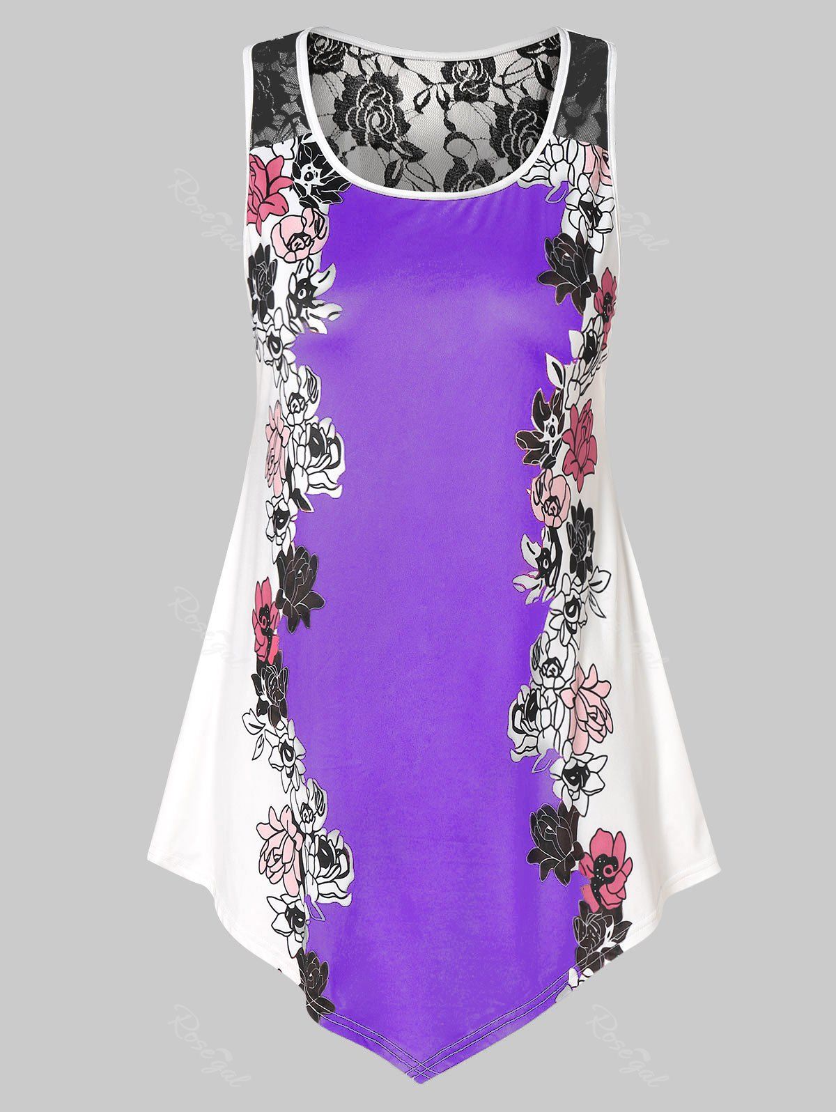 

Plus Size Floral Tank Top with Lace, Purple