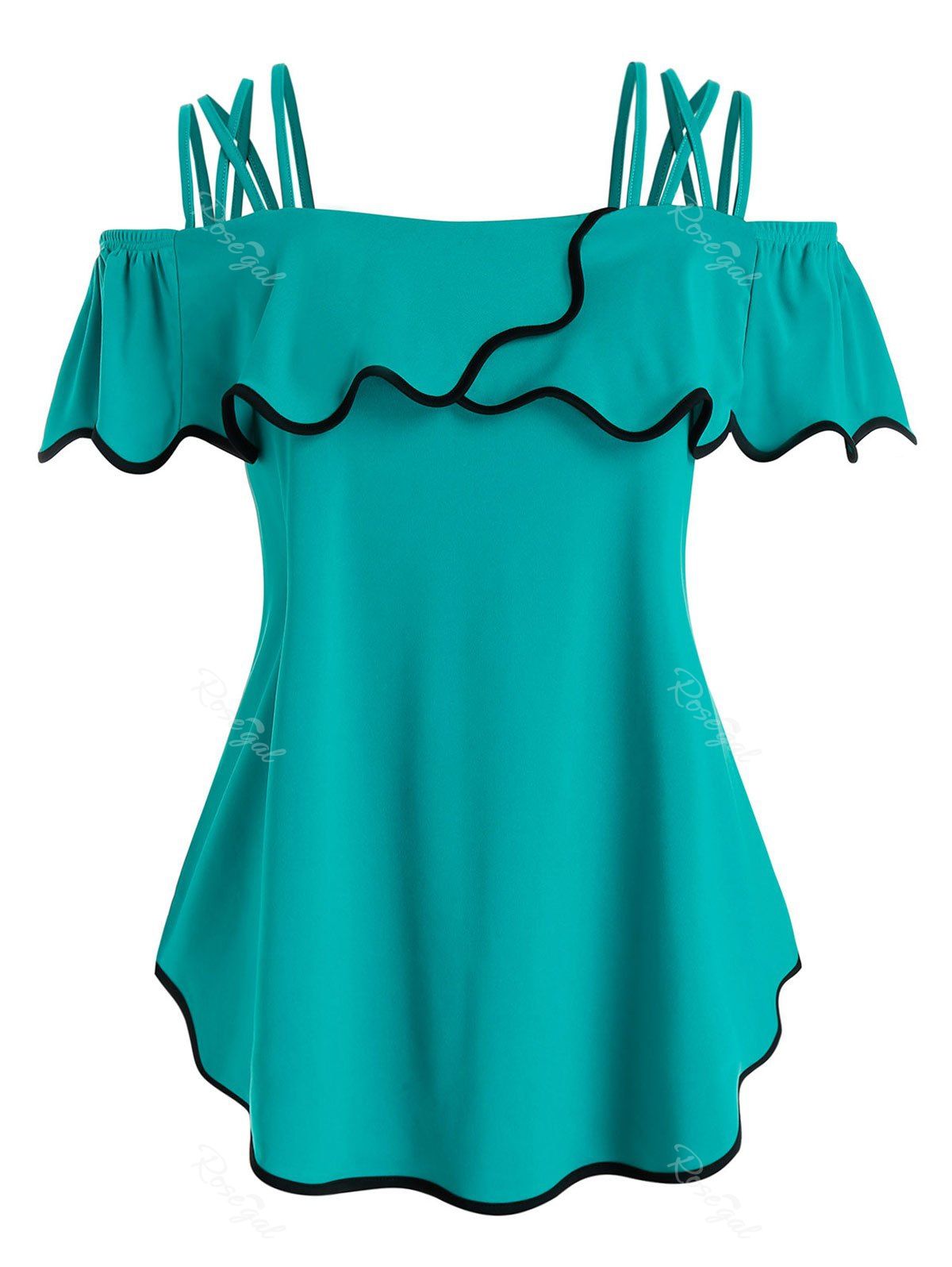 

Plus Size Flounce Binding Cold Shoulder T Shirt, Macaw blue green