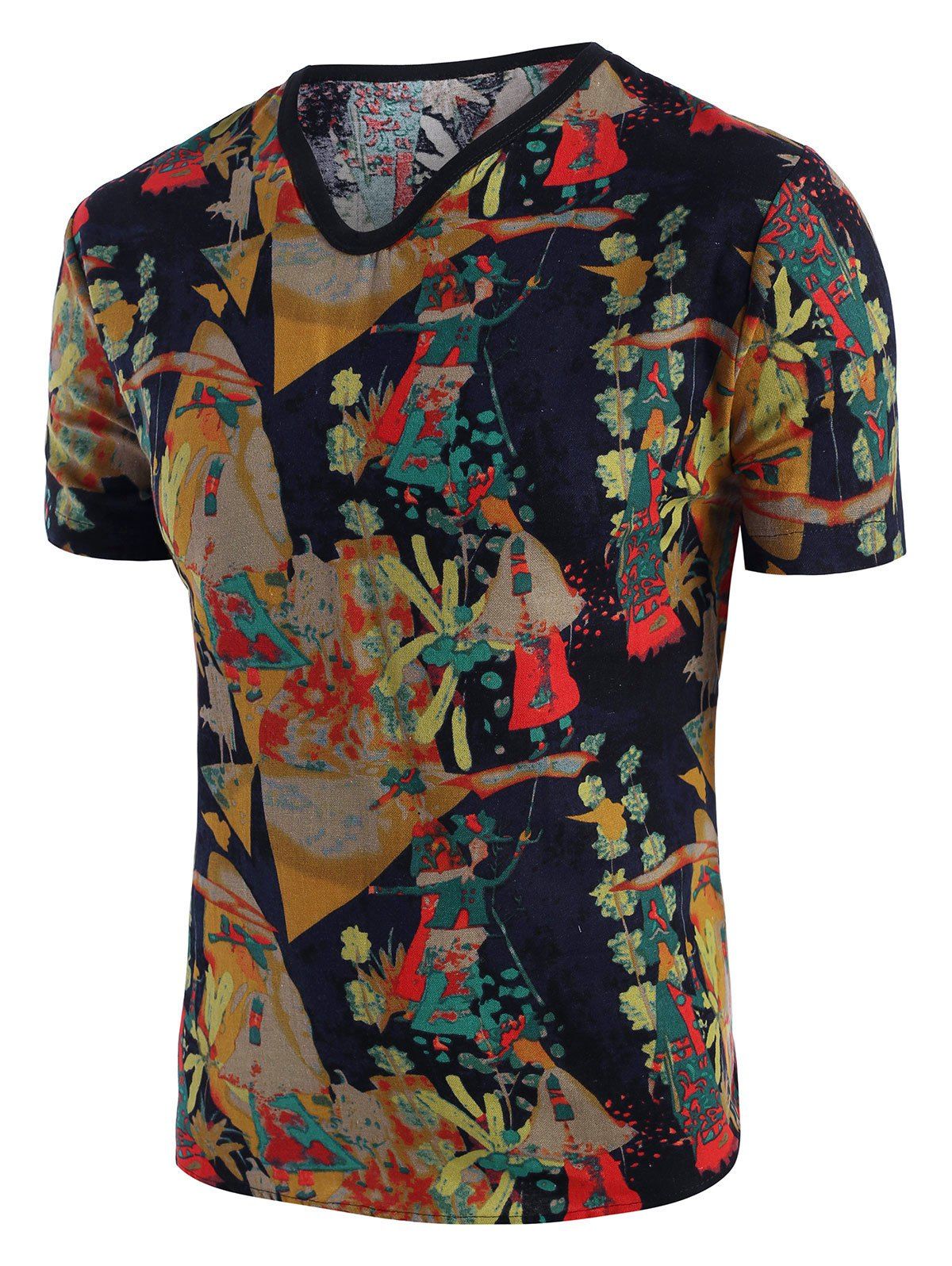 

Ethnic Oil Paint Print V Neck T Shirt, Multi
