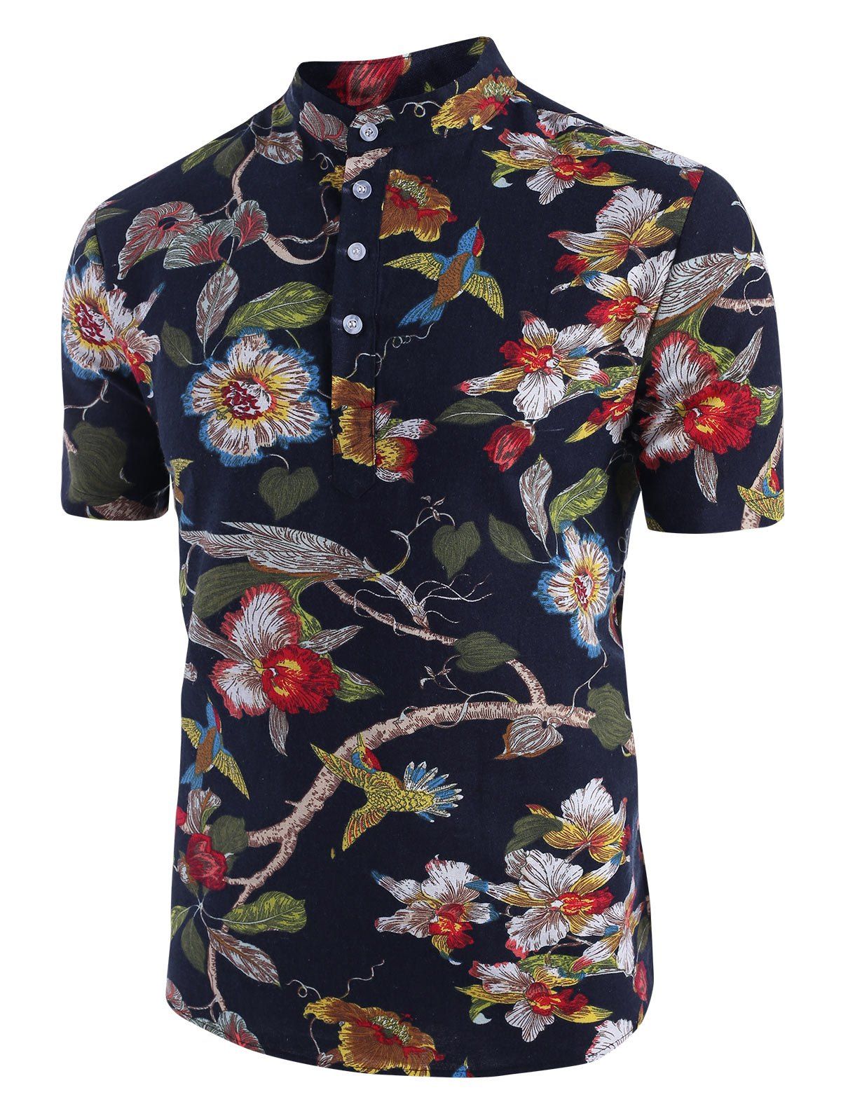 

Floral Birds Print Henley Short Sleeve Shirt, Black