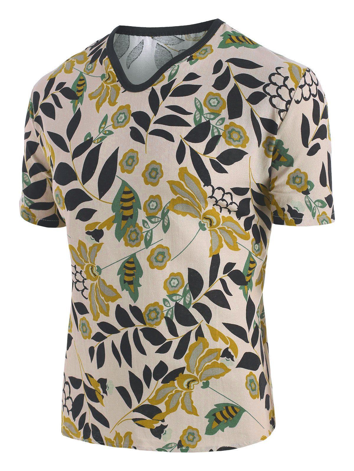 

Ethnic Wildflower Print V Neck Short Sleeve Tee, Multi