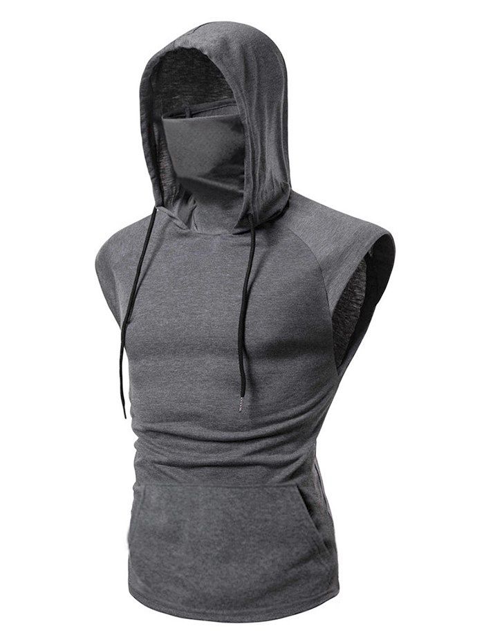

Bandana Mask Front Pocket Hooded Drawstring Tank Top, Gray