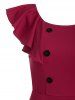 Mini Robe en Couleur Unie à Manches Papillon avec Bouton - Rouge Vineux M