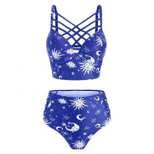 

Sun Star Moon Lattice High Waisted Tankini Swimsuit, Denim dark blue