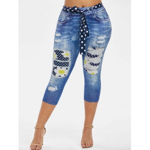 

3D Print Dotted Daisy Belted Plus Size Capri Jeggings, Blue