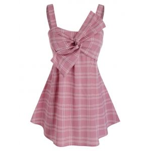 

Plus Size Twisted Bowknot Plaid Backless Tunic Tank Top, Pink