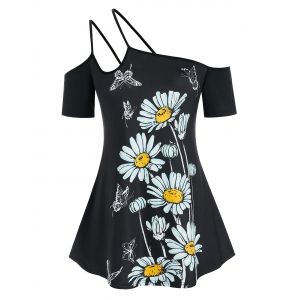 

Plus Size Irregular Strap Daisy Print Tee, Black