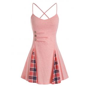 

Plus Size Plaid Ruched Criss Cross Cami Tank Top, Light pink
