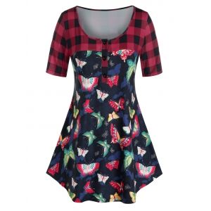 

Plus Size Plaid Butterfly Print Henley T Shirt, Deep red