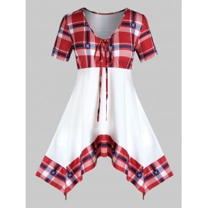 

Plus Size Plaid Print Handkerchief T Shirt, Cherry red