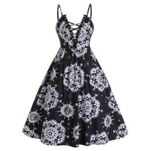 

Plus Size Lattice Skull Print Guipure Lace A Line Cami Dress, Black